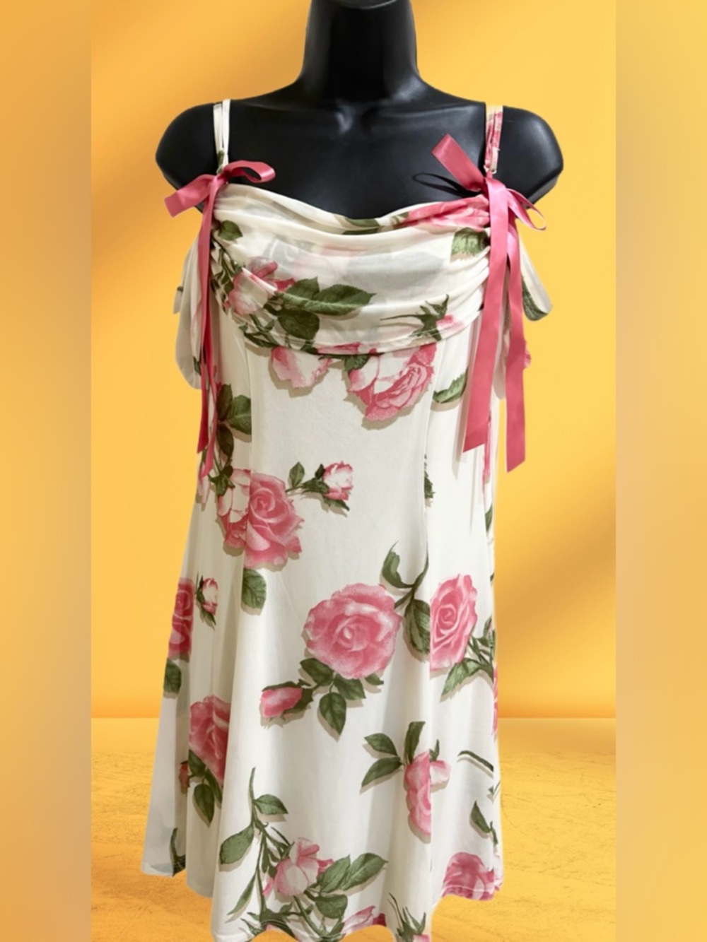 White Floral Rose Sundress with Pink Ribbon Straps ⭐️NWT⭐️